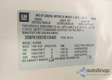 2007 Chevrolet Suburban 1500 Lt из США, поврежденный, VIN 3GNFK16357G136455